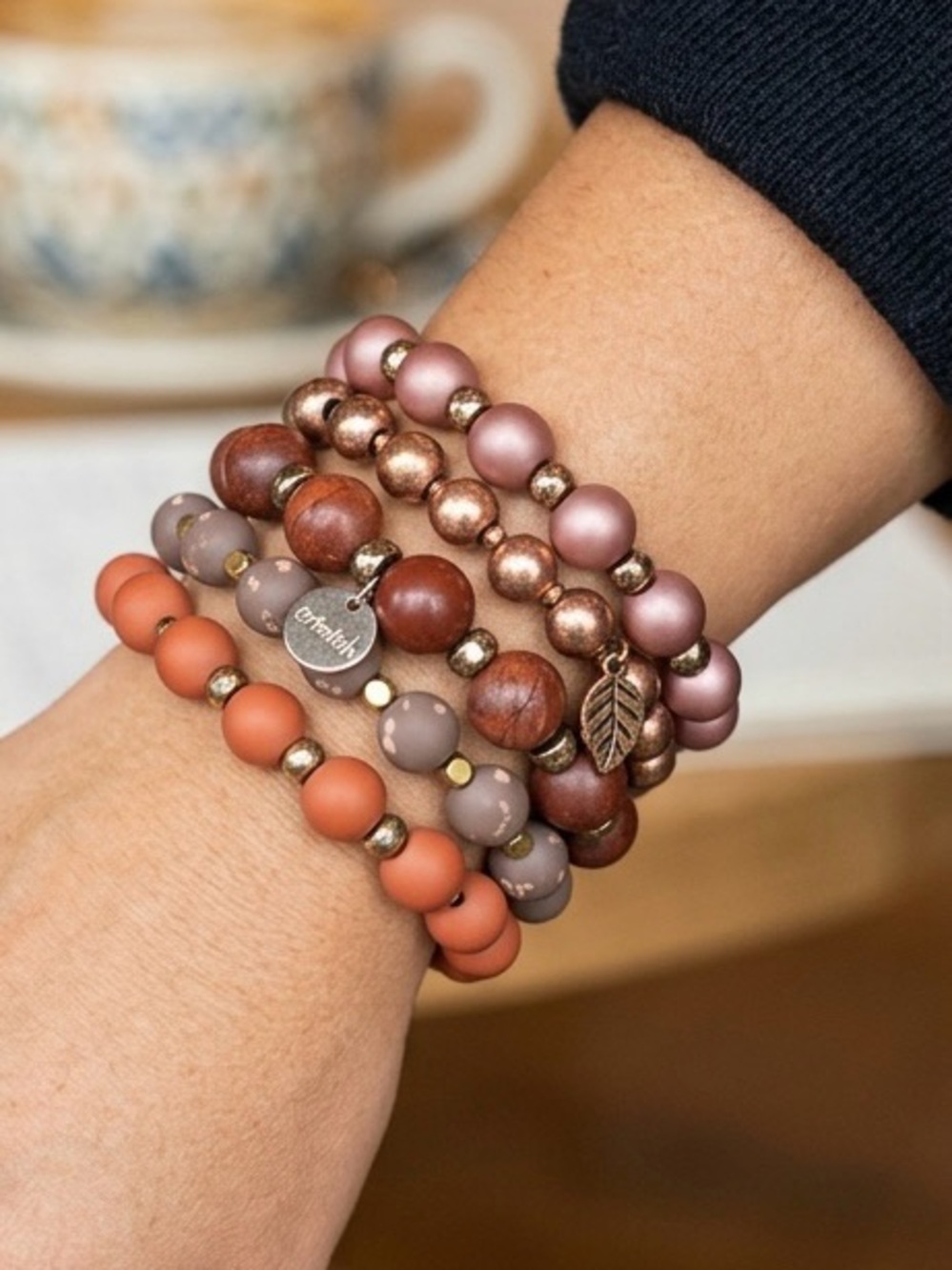 Erimish Brown and Orange Beaded Stackable Bracelet Set
